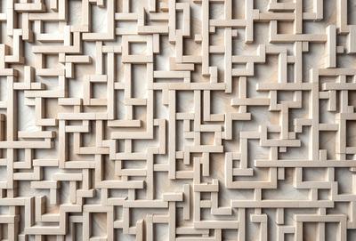 The primary subject of the image is a wooden wall with a pattern of interlocking squares. The setting is a room with a wooden surface, and the visual style appears to be a combination of a photo and a digital art or illustration. The dominant colors are brown and white, creating a warm and natural atmosphere.