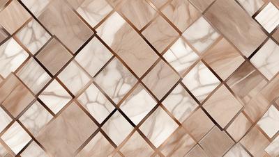 The primary subject of the image is a marble tile pattern. The setting is a marble tile floor, and the visual style is a close-up of the tile pattern. The colors and mood of the image are predominantly neutral, with the marble tiles providing a sense of elegance and sophistication.