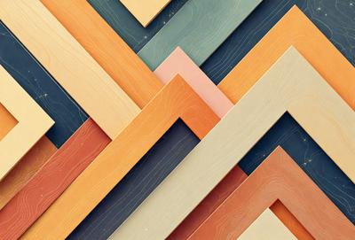 The primary subject of the image is a collection of wooden picture frames. The setting is a blue table, and the visual style appears to be a pattern or a collage of various picture frames. The dominant colors in the image are blue and orange, creating a vibrant and lively atmosphere.