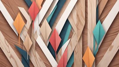 The primary subject of the image is a colorful and intricate paper artwork, featuring a pattern of triangles and arrows. The setting is a wooden wall, which serves as the background for the artwork. The visual style of the image is a combination of digital art and illustration, creating a vibrant and dynamic appearance. The dominant colors in the artwork are red, blue, and white, giving it a lively and energetic mood.