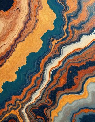 The primary subject of the image is a close-up of a marbled stone surface, featuring a mix of blue, orange, and yellow colors. The setting is a natural environment, with the stone surface being the main focus of the image. The visual style is a combination of a photo and a digital art, as the colors and patterns are vibrant and intricate. The dominant colors are blue, orange, and yellow, creating a warm and inviting atmosphere.