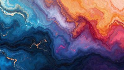 The primary subject of the image is a colorful, abstract art piece featuring a mix of blue, orange, and purple hues. The setting is a dark background, which contrasts with the vibrant colors of the artwork. The visual style appears to be a combination of digital art and illustration, creating a unique and eye-catching pattern. The overall atmosphere of the image is lively and energetic, with the artwork capturing the viewer's attention.
