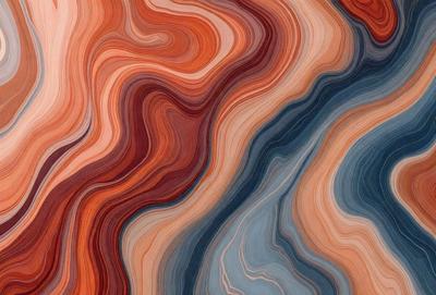 The primary subject of the image is a close-up of a colorful, textured surface, possibly a painting or a piece of art. The setting is a room with a blue wall, and the visual style appears to be a combination of digital art and illustration. The dominant colors in the image are red, blue, and orange, creating a vibrant and lively atmosphere.