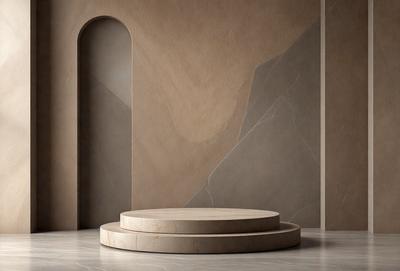 The primary subject of the image is a large, round, stone table. The table is placed in a room with a stone wall, and it appears to be the focal point of the space. The setting is a room with a stone wall, and the visual style is a photo. The colors and mood of the image are predominantly neutral, with the stone table and wall providing a sense of calm and stability.