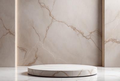 The primary subject of the image is a white marble tabletop. The tabletop is placed on a white marble base, which is positioned on a white marble floor. The setting is a room with a white marble wall, which serves as the background for the scene. The visual style of the image is a close-up of the marble tabletop, showcasing its texture and details. The colors and mood of the image are predominantly white, giving it a clean and elegant appearance.