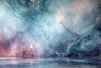 The primary subject of the image is a large, blue, and white marble wall. The setting is a room with a blue and white marble floor. The visual style is a combination of a photo and digital art, creating a unique and artistic representation of the marble wall. The colors and mood of the image are predominantly blue and white, giving it a serene and elegant atmosphere.