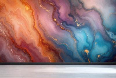 The primary subject of the image is a large, colorful painting on the wall. The painting features a variety of colors and patterns, creating a vibrant and lively atmosphere. The setting is a room with a white floor, which provides a clean and minimalist backdrop for the painting. The visual style of the image is a combination of artistic expression and digital art, as the painting appears to be a digital creation. The colors and mood of the painting are energetic and uplifting, making it an eye-catch