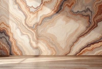 The primary subject of the image is a large, intricately designed wallpaper with a marbled pattern. The setting is a room with a wooden floor, and the visual style appears to be a photo of the wallpaper. The colors and mood of the image are warm and inviting, with the marbled pattern adding a sense of sophistication and elegance to the space.