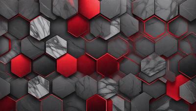The primary subject of the image is a patterned wall with a black and red color scheme. The setting is a room with a black and red marble wall, which serves as the background. The visual style is a combination of digital art and illustration, creating a unique and eye-catching design. The dominant colors are black and red, giving the wall a bold and striking appearance.