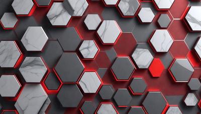 The primary subject of the image is a pattern of red and black squares, which are arranged in a geometric design. The setting is a black and red marble wall, which serves as the backdrop for the pattern. The visual style of the image is a close-up of the pattern, showcasing the intricate details of the squares. The colors and mood of the image are bold and striking, with the red squares contrasting against the black background.
