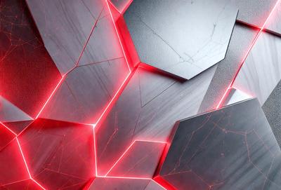 The primary subject of the image is a large, three-dimensional structure made of black and red geometric shapes. The setting is a dark room, and the visual style appears to be a combination of digital art and illustration. The dominant colors are red and black, creating a bold and striking appearance. The overall atmosphere of the image is modern and artistic.