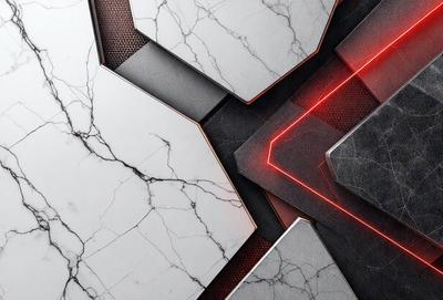 The primary subject of the image is a marble-like surface with a red and black design. The setting is a white marble countertop, and the visual style is a combination of digital art and illustration. The dominant colors are red and black, creating a bold and striking appearance.