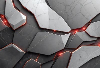 The primary subject of the image is a close-up of a large, intricate, and textured metal surface. The setting is a dark room, and the visual style appears to be a combination of digital art and illustration. The dominant colors in the image are red and grey, creating a bold and striking appearance. The overall atmosphere of the image is mysterious and captivating.