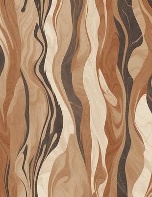 The primary subject of the image is a wooden wall with a pattern of swirls and stripes. The setting is a room with a wooden floor, and the visual style appears to be a combination of a photo and a digital art or illustration. The dominant colors are brown and beige, creating a warm and natural atmosphere.