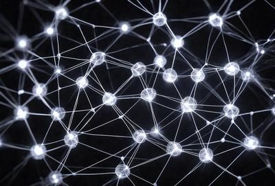 The primary subject of the image is a close-up of a network of interconnected lines, which appear to be a pattern of light. The setting is a dark background, which emphasizes the light and creates a striking visual effect. The visual style is a combination of digital art and illustration, as the lines are intricately drawn and the overall composition is artistic. The colors and mood of the image are predominantly black and white, with the light sources creating a sense of depth and contrast.