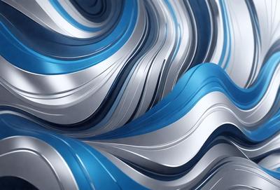 The primary subject of the image is a blue and silver metal sculpture. The setting is a blue and silver background, which complements the artwork. The visual style is a combination of digital art and illustration, creating a unique and eye-catching design. The colors and mood of the image are predominantly blue and silver, giving it a modern and sleek appearance.