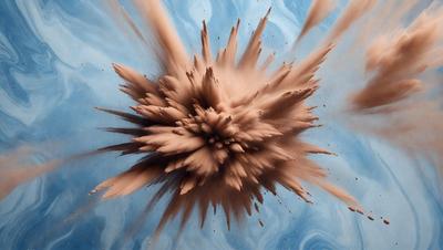 The primary subject of the image is a large, brown, and black explosion, which appears to be a painting or drawing. The setting is a blue background, which contrasts with the explosion. The visual style is artistic, with the explosion being the main focus of the image. The colors and mood of the image are dramatic and intense, with the brown and black tones creating a sense of depth and intensity.