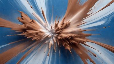 The primary subject of the image is a chocolate-covered cake, which is the main focus of the image. The cake is placed on a blue surface, creating a striking contrast between the cake and the background. The visual style of the image is a combination of photo and digital art, as it appears to be a close-up of the cake with a slightly blurred background. The colors and mood of the image are predominantly dark, with the chocolate cake being the main source of