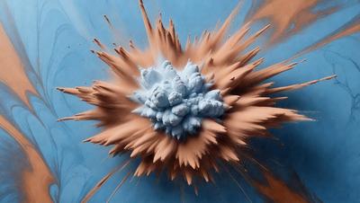 The primary subject of the image is a blue and brown painting of a flower. The setting is a blue background, and the visual style appears to be a digital art or illustration. The dominant colors in the painting are blue and brown, creating a warm and vibrant atmosphere.