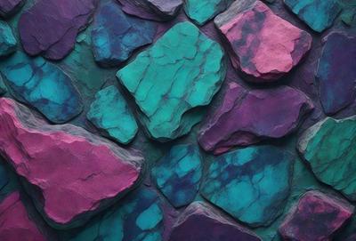 The primary subject of the image is a large, colorful rock wall. The setting is a rocky surface, and the visual style is a combination of photo and digital art. The colors and mood of the image are vibrant and lively, with a mix of purple, green, and blue hues. The wall is made up of many different colored rocks, creating a unique and visually striking pattern.
