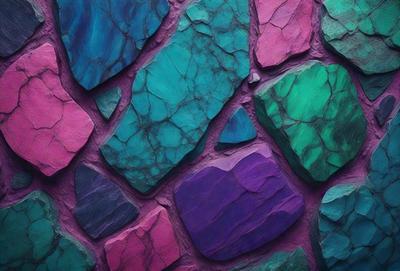 The primary subject of the image is a purple and green stone wall. The setting is a stone wall with a purple and green color scheme. The visual style is a close-up of the stone wall, showcasing its unique texture and color. The colors and mood of the image are vibrant and lively, with the purple and green hues creating a sense of freshness and energy.