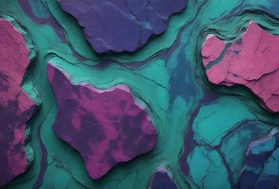 The primary subject of the image is a large, purple rock with a green background. The rock is the focal point of the scene, and it appears to be a natural formation. The visual style of the image is a combination of photo and digital art, creating a unique and intriguing appearance. The dominant colors in the image are purple and green, giving the scene a vibrant and lively atmosphere.