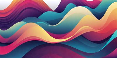 The primary subject of the image is a colorful, abstract wave design. The setting is a white background, which provides a clean and minimalist appearance. The visual style is a combination of digital art and illustration, creating a vibrant and dynamic scene. The dominant colors are a mix of blue, purple, and yellow, which contribute to a lively and energetic atmosphere.