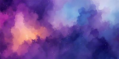 The primary subject of the image is a purple and blue cloudy sky filled with stars. The setting is a nighttime scene with a dark background, and the visual style is a combination of digital art and illustration. The colors and mood of the image are predominantly purple and blue, creating a serene and peaceful atmosphere.