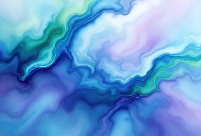 The primary subject of the image is a blue and purple watercolor painting of a swirling, flowing design. The setting is a blue and purple background, which complements the artwork. The visual style is a watercolor painting, giving the image a unique and artistic appearance. The dominant colors are blue and purple, creating a calming and serene atmosphere.