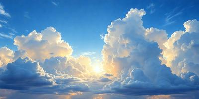 The primary subject of the image is a beautiful cloudy sky with a sun shining through the clouds. The setting is a vast, open space with a blue background. The visual style is a combination of photo and digital art, creating a stunning and serene atmosphere. The colors and mood are predominantly blue and warm, with the sunlight adding a touch of warmth to the scene.