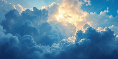 The primary subject of the image is a cloudy sky filled with clouds. The setting is a blue sky, and the visual style is a photo. The clouds are white and gray, creating a somewhat gloomy atmosphere.
