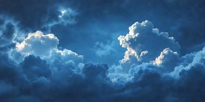 The primary subject of the image is a cloudy blue sky filled with numerous clouds. The setting is a nighttime scene, with the sky being the main focus of the image. The visual style is a painting, which adds a sense of depth and artistic expression to the scene. The colors and mood of the image are predominantly blue, creating a serene and peaceful atmosphere.