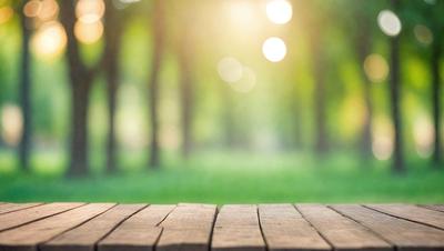 The primary subject of the image is a wooden boardwalk or pier, with a bench situated on it. The setting is a lush green forest, with sunlight shining through the trees. The visual style is a photo, capturing the natural beauty of the forest and the wooden boardwalk. The colors and mood are vibrant and serene, with the sunlight creating a warm and inviting atmosphere.