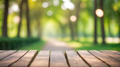 The primary subject of the image is a wooden bench situated in a park. The bench is located in the middle of a path, surrounded by trees and a grassy area. The setting is a serene, natural environment, perfect for relaxation and enjoying the outdoors. The visual style of the image is a photo, capturing the beauty of the park and the wooden bench. The colors and mood of the image are predominantly green, with the grass and trees creating a peaceful and calming atmosphere.