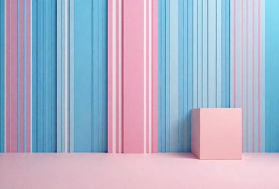 The primary subject of the image is a pink box, which is placed on a pink surface. The setting is a room with a pink and blue striped wall, creating a vibrant and colorful atmosphere. The visual style of the image is a photo, capturing the details of the pink box and the striped wall. The colors and mood of the image are predominantly pink and blue, with a lively and cheerful vibe.