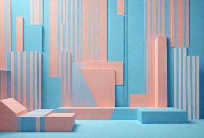 The primary subject of the image is a large, colorful wall with a blue and pink striped pattern. The setting is a room with a blue and pink color scheme. The visual style is a combination of digital art and illustration, creating a vibrant and lively atmosphere. The dominant colors are blue and pink, which contribute to the overall mood of the scene.