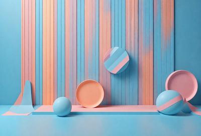 The primary subject of the image is a collection of colorful bowls and balls. The bowls are placed on a blue surface, and the balls are scattered around them. The setting appears to be a room with a blue wall, and the visual style is a combination of photo and digital art. The colors and mood of the image are vibrant and lively, with the blue wall and the colorful bowls and balls creating a cheerful atmosphere.