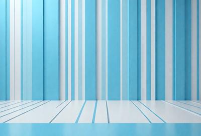 The primary subject of the image is a white and blue striped wall. The setting is a room with a blue and white striped wall, and the visual style is a photo. The dominant colors are blue and white, creating a calm and soothing atmosphere.