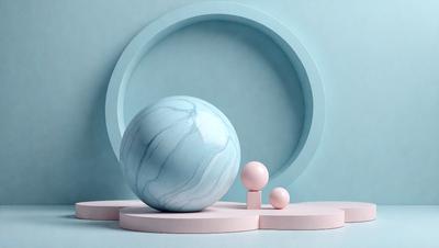 The primary subject of the image is a large blue sphere, which is the main object in the scene. The setting is a blue background, which creates a contrasting and visually appealing environment. The visual style of the image is a combination of photo and digital art, giving it a unique and artistic appearance. The dominant colors in the image are blue and white, creating a calm and serene atmosphere.