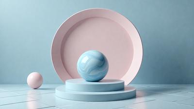 The primary subject of the image is a blue sphere, which is placed on a white pedestal. The setting is a white background, and the visual style appears to be a combination of photo and digital art. The colors in the image are predominantly white and blue, creating a clean and calming atmosphere.