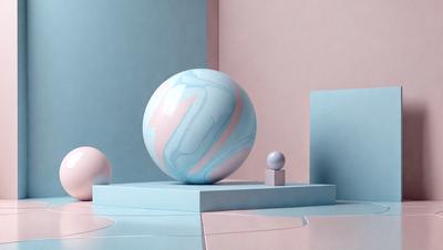 The primary subject of the image is a large, colorful, and abstract ball placed on a table. The setting is a room with a pink wall, and the visual style appears to be a combination of photo and digital art. The colors and mood of the image are vibrant and lively, with the pink wall adding a touch of warmth to the scene.