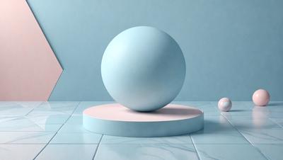 The primary subject of the image is a large, blue sphere placed on a pink pedestal. The setting is a blue background, which creates a contrast with the blue sphere. The visual style appears to be a photo, as it captures the details of the sphere and pedestal. The colors and mood of the image are predominantly blue and pink, giving it a calm and serene atmosphere.