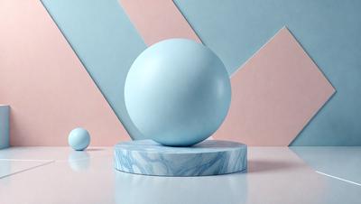The primary subject of the image is a large blue sphere, which is placed on a marble table. The setting is a room with a pink and blue color scheme, creating a vibrant and lively atmosphere. The visual style of the image is a combination of photo and digital art, giving it a unique and artistic appearance. The colors and mood of the image are predominantly pink and blue, with the blue sphere being the focal point and the pink and blue background creating a sense of warmth and energy