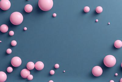 The primary subject of the image is a blue background with a pattern of pink and white balls scattered across it. The setting appears to be a dark room, and the visual style is a digital art or illustration. The dominant colors are blue, pink, and white, creating a calm and soothing atmosphere.