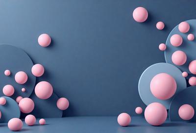 The primary subject of the image is a collection of pink and white balls, which are scattered across a blue wall. The setting appears to be a room with a blue background, and the visual style is a combination of photo and digital art. The dominant colors in the image are pink and white, creating a playful and lively atmosphere.