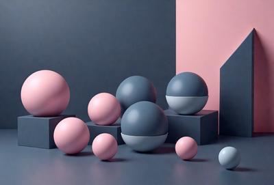 The primary subject of the image is a collection of spherical objects, including pink and grey balls, placed on a grey surface. The setting appears to be a studio or a workspace, with a pink wall in the background. The visual style of the image is a combination of photo and digital art, creating a unique and artistic composition. The colors and mood of the image are predominantly grey and pink, giving it a calm and creative atmosphere.