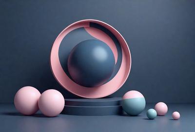 The primary subject of the image is a large, pink and blue sphere, which is the main focus of the scene. The setting is a dark background, which contrasts with the vibrant colors of the sphere. The visual style appears to be a combination of photo and digital art, creating a unique and eye-catching composition. The colors and mood of the image are predominantly pink and blue, giving it a lively and cheerful atmosphere.