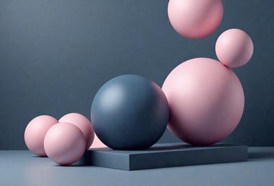 The primary subject of the image is a group of three balls, each with different colors, placed on a gray surface. The setting appears to be a studio or a workspace, as the balls are arranged in a visually appealing manner. The visual style of the image is a combination of photo and digital art, creating a unique and artistic composition. The colors and mood of the image are predominantly gray and neutral, with the balls adding a touch of vibrancy and contrast to the overall scene.