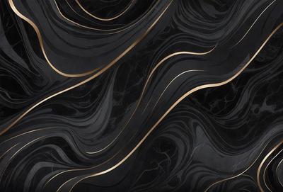 The primary subject of the image is a black and gold marble pattern. The setting is a black background, and the visual style appears to be a combination of a photo and digital art. The dominant colors are black and gold, creating a luxurious and elegant atmosphere.