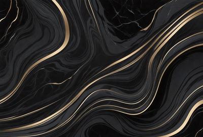 The primary subject of the image is a black and gold marble pattern. The setting is a black background, and the visual style is a close-up of the marble pattern. The dominant colors are black and gold, creating a sophisticated and elegant atmosphere.